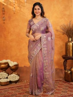 ALMAARI FASHION - Women Mauve Satin Embroidered Saree with Unstitched Blouse