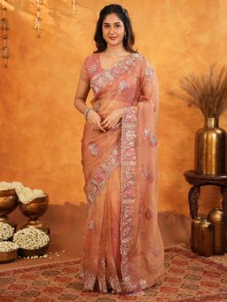 ALMAARI FASHION - Women Peach Satin Embroidered Saree with Unstitched Blouse