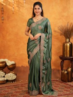ALMAARI FASHION - Women Green Satin Embroidered Saree with Unstitched Blouse