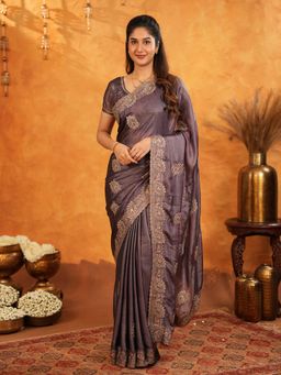 ALMAARI FASHION - Women Brown Satin Embroidered Saree with Unstitched Blouse
