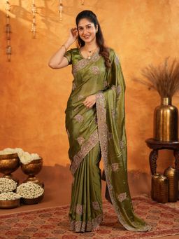 ALMAARI FASHION - Women Olive Satin Embroidered Saree with Unstitched Blouse