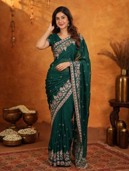 ALMAARI FASHION - Women Green Satin Embroidered Saree with Unstitched Blouse