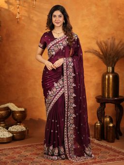 ALMAARI FASHION - Women Burgundy Satin Embroidered Saree with Unstitched Blouse