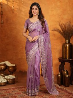 ALMAARI FASHION - Women Mauve Satin Embroidered Saree with Unstitched Blouse