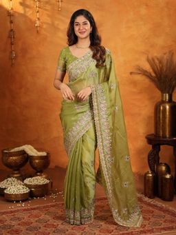ALMAARI FASHION - Women Green Satin Embroidered Saree with Unstitched Blouse