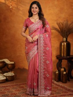 ALMAARI FASHION - Women Peach Satin Embroidered Saree with Unstitched Blouse