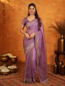ALMAARI FASHION - Women Mauve Satin Embroidered Saree with Unstitched Blouse