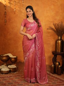 ALMAARI FASHION - Women Peach Satin Embroidered Saree with Unstitched Blouse