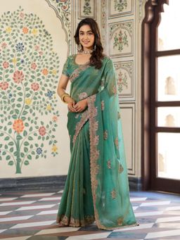 ALMAARI FASHION - Women Green Satin Embroidered Saree with Unstitched Blouse