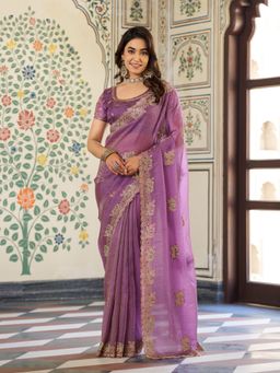 ALMAARI FASHION - Women Mauve Satin Embroidered Saree with Unstitched Blouse