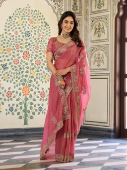 ALMAARI FASHION - Women Peach Satin Embroidered Saree with Unstitched Blouse
