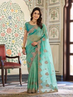 ALMAARI FASHION - Women Green Satin Embroidered Saree with Unstitched Blouse