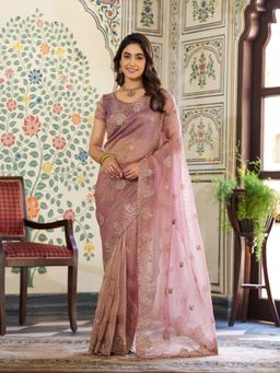 ALMAARI FASHION - Women Mauve Satin Embroidered Saree with Unstitched Blouse