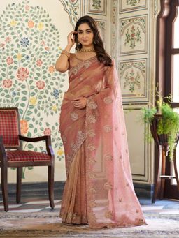 ALMAARI FASHION - Women Peach Satin Embroidered Saree with Unstitched Blouse