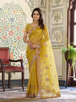 ALMAARI FASHION - Women Yellow Satin Embroidered Saree with Unstitched Blouse