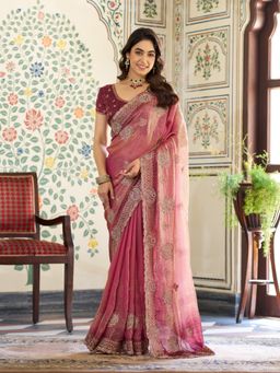 ALMAARI FASHION - Women Peach Satin Embroidered Saree with Unstitched Blouse