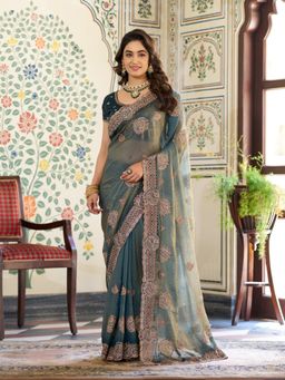 ALMAARI FASHION - Women Blue Satin Embroidered Saree with Unstitched Blouse