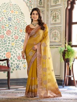 ALMAARI FASHION - Women Yellow Satin Embroidered Saree with Unstitched Blouse