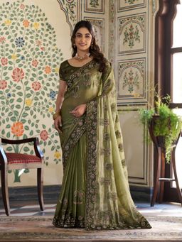 ALMAARI FASHION - Women Green Satin Embroidered Saree with Unstitched Blouse