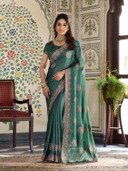ALMAARI FASHION - Women Blue Satin Embroidered Saree with Unstitched Blouse