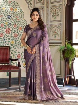 ALMAARI FASHION - Women Purple Satin Embroidered Saree with Unstitched Blouse