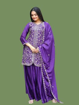 Odette - Women Purple Chinon Embellished Stitched Kurta with Sharara and Dupatta
