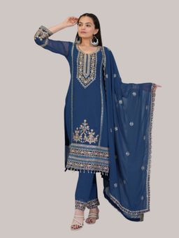 Odette - Women Blue Georgette Embellished Stitched Kurta with Pant and Dupatta
