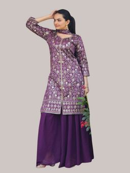Odette - Women Purple Silk Blend Embellished Stitched Kurta with Sharara and Dupatta