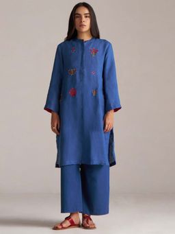 Ganga Fashions - Women Galaxy Blue Linen Embroidered Co-Ord Set