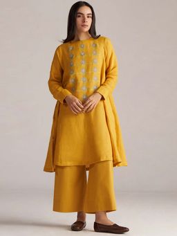 Ganga Fashions - Women Yolk Yellow Linen Embroidered Co-Ord Set