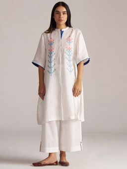 Ganga Fashions - Women White Linen Embroidered Mandarin Neck Co-Ord Set