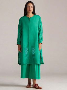 Ganga Fashions - Women Simply Green Linen Embroidered Co-Ord Set