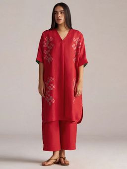 Ganga Fashions - Women High Risk Red Linen Embroidered Co-Ord Set