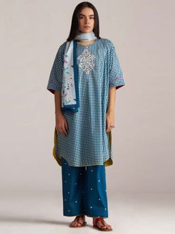 Ganga Fashions - Women Blue Mul-Mul Checks Co-Ord Set