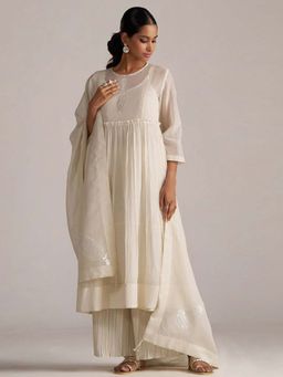 Ganga Fashions - Women Ivory Pure Chanderi Kurta with Palazzo and Dupatta