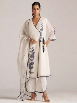 Ganga Fashions - Women Ivory Pure Chanderi Printed Angarkha Kurta with Pant and Dupatta