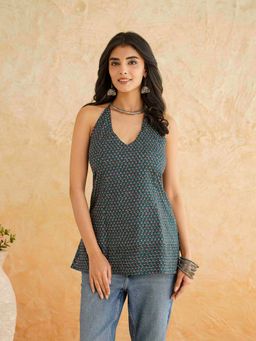 GOODHAND - Women Green Cotton Printed Stylish Halter Tie-up Kurti