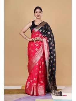 VGlame - Magenta Pink and Black Pure Georgette Saree With Unstitched Blouse