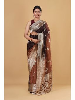 VGlame - Rust Brown and Maroon Saree With Unstitched Blouse