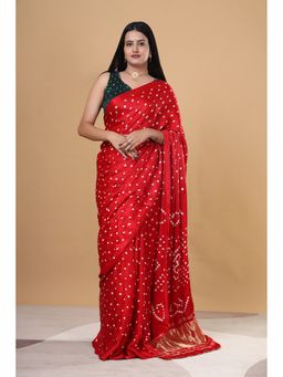 VGlame - Solid Red Gajji Bandhej Saree With Unstitched Blouse