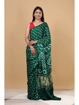 VGlame - Bottle Green Gajji Bandhej Saree With Unstitched Blouse