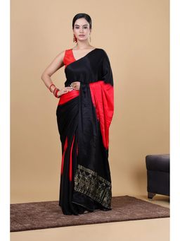 VGlame - Black and Red Gajji Silk Saree With Unstitched Blouse
