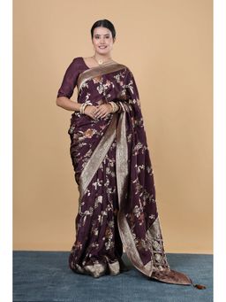 VGlame - Wine Fabric Floral Print Saree With Unstitched Blouse