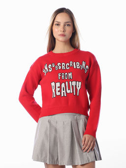 ONLY - Women's Typographic Regular Fit Red Sweatshirt