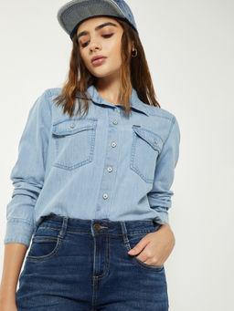 max - Women's Blue Solid Regular Fit Denim Shirt