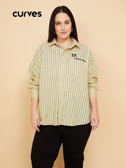max - Women's Yellow Mickey Mouse Embroidered Striped Shirt