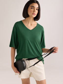DILLINGER - Women's Green Solid Oversized Cotton Modal V-Neck T-shirt