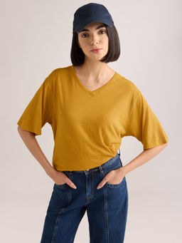 DILLINGER - Women's Mustard Solid Oversized Cotton Modal V-Neck T-shirt