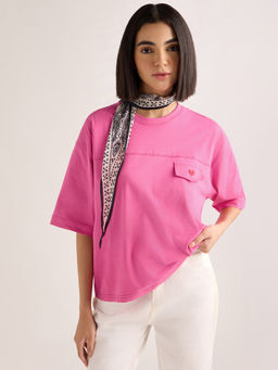 DILLINGER - Women's Pink Solid Boxy Regular Fit Cut and Sew Cotton T-shirt