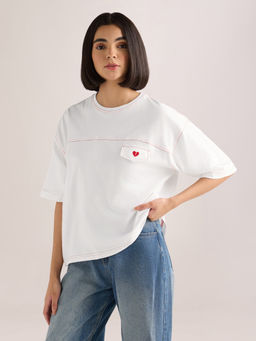 DILLINGER - Women's White Embroidery Boxy Regular Fit Cut and Sew Cotton T-shirt